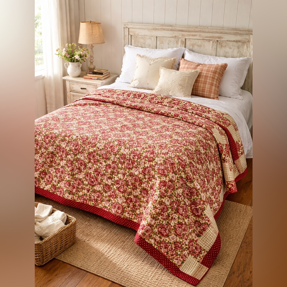 Handmade Queen Reversible Cottage Rose Quilt 84x85 Farmhouse Shabby Chic Floral